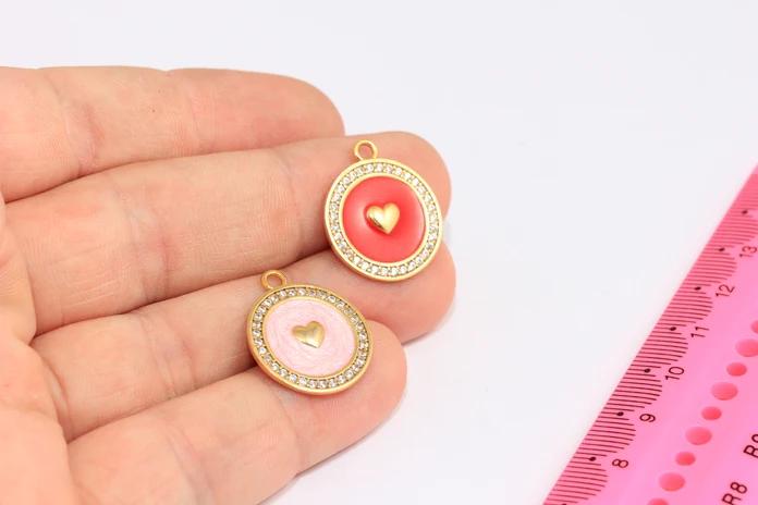 24k Altın Kaplama Beyaz Zirkon Taşlı Pembe Mineli İçi KalpYuvarlak Charms,