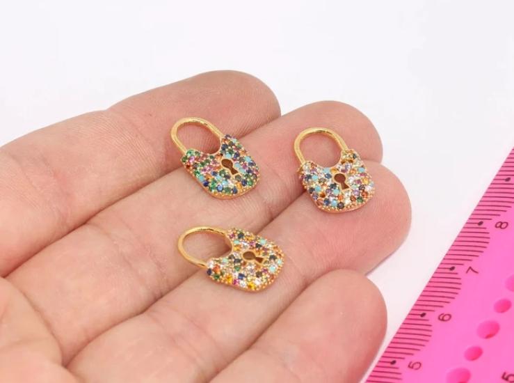 24k Altın Kaplama Renkli Zirkon Taşlı Kilit Charms,