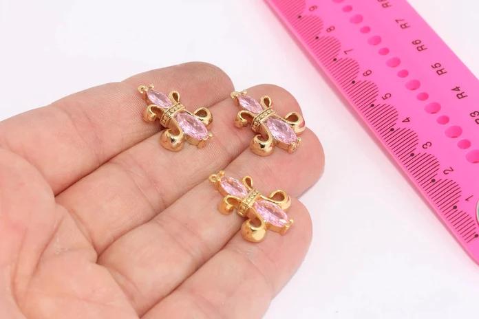 24k Altın Kaplama Pembe Zirkon Taşlı Çiçek Charms,