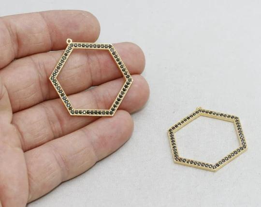 24k Altın Kaplama Siyah Zirkon Taşlı Altıgen Charms,