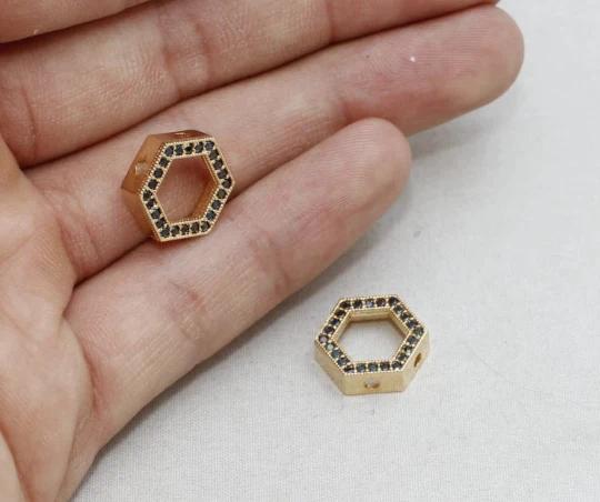 24k Altın Kaplama Siyah Zirkon Taşlı Altıgen Charms,