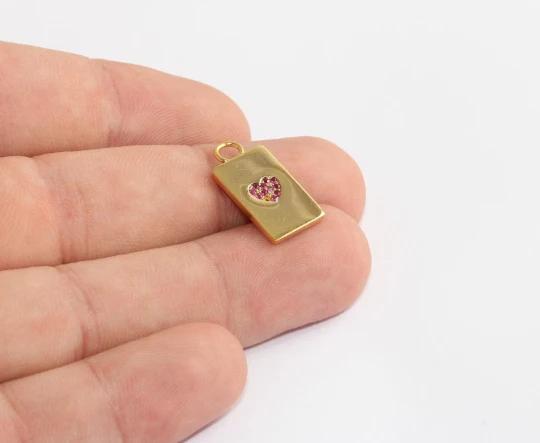 24k Altın Kaplama Pembe Zirkon Taşlı Kalp Dikdörtgen Charms,