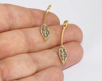 24k Altın Kaplama Renkli Zirkon Taşlı Yaprak Charms,