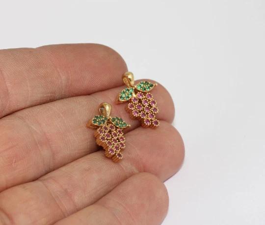 24k Altın Kaplama Pembe Yeşil Zirkon Taşlı Üzüm Charms,