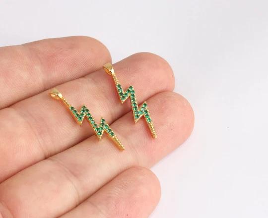 24k Altın Kaplama Yeşil Zirkon Taşlı Yıldırım  Charms,