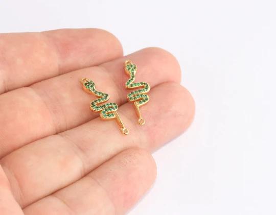 24k Altın Kaplama Yeşil Zirkon Taşlı Yılan Charms,