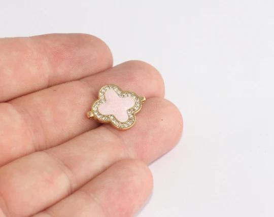 24k Altın Kaplama Beyaz Zirkon Taşlı Açık Pembe Mineli Çiçek Charms,