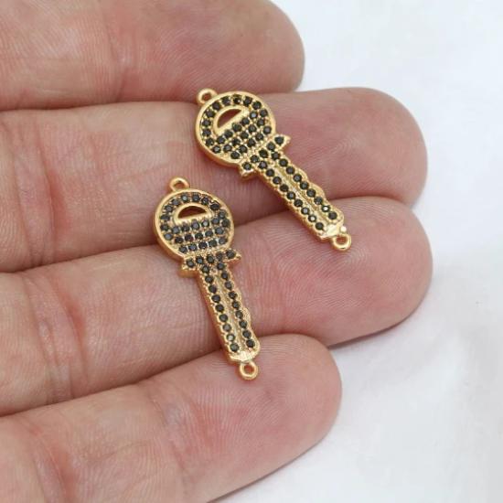 24k Altın Kaplama Siyah Zirkon Taşlı Anahtar Charms,