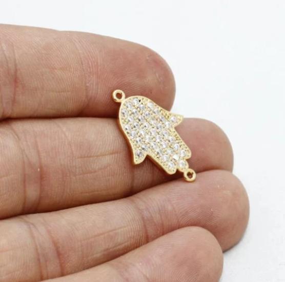 24k Altın Kaplama Beyaz Zirkon Taşlı Fatima Eli Charms,