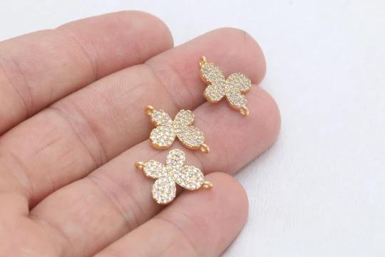 24k Altın Kaplama Beyaz Zirkon Taşlı Kelebek Charms,