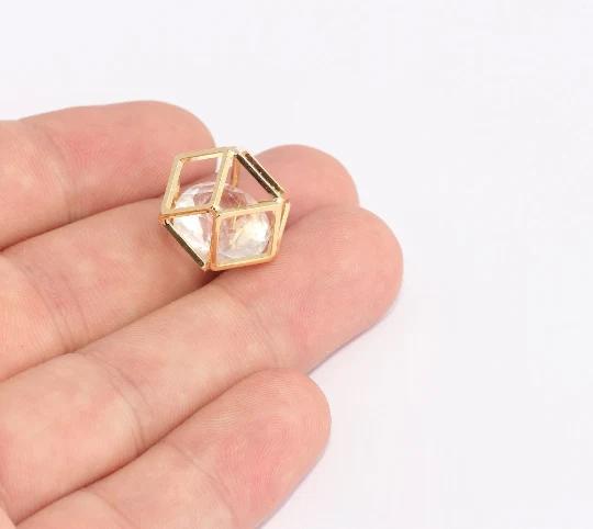 24k Altın Kaplama Beyaz Zirkon Taşlı Küp Charms,