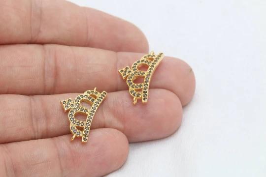 24k Altın Kaplama Siyah Zirkon Taşlı Taç Charms,