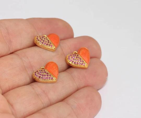 24k Altın Kaplama Pembe Zirkon Taşlı Turuncu Mineli Kalp Charms,