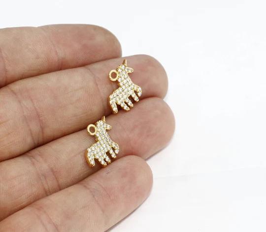 24k Altın Kaplama Beyaz Zirkon Taşlı Unikorn Charms,