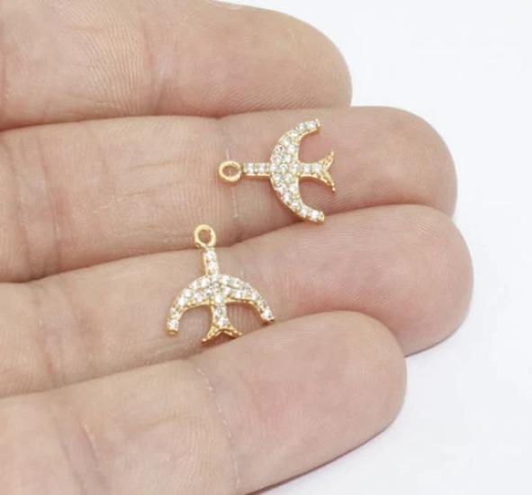 24k Altın Kaplama Beyaz Zirkon Taşlı Kuş Charms,