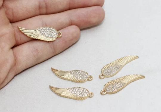 24k Altın Kaplama Beyaz Zirkon Taşlı Kanat Charms,