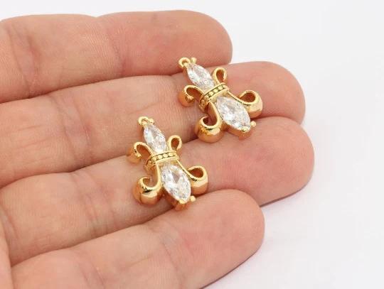 24k Altın Kaplama Beyaz Zirkon Taşlı Çiçek charms,