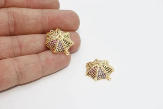 24k Altın Kaplama Renkli Zirkon Taşlı Şemsiye Charms,