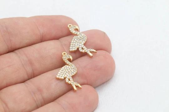 24k Altın Kaplama Beyaz Zirkon Taşlı Flamingo Charms,