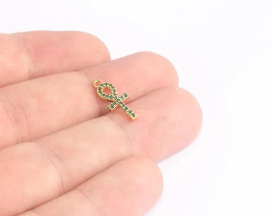 24k Altın Kaplama Yeşil Zirkon Taşlı Ankh, Nil’in Anahtarı Charms,