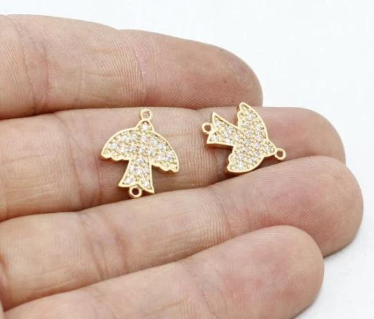 24k Altın Kaplama Beyaz Zirkon Taşlı Kuş Charms,