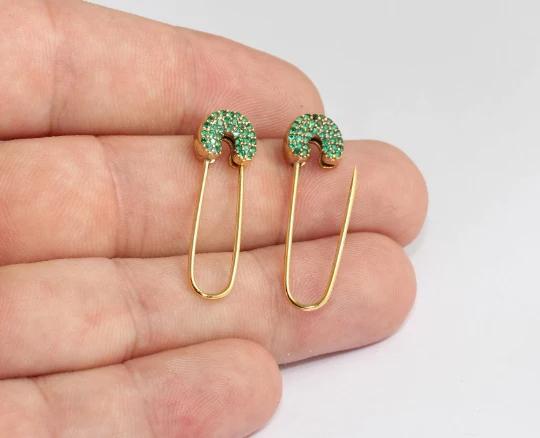 24k Altın Kaplama Yeşil Zirkon Taşlı Çengelli İğne Earrings,