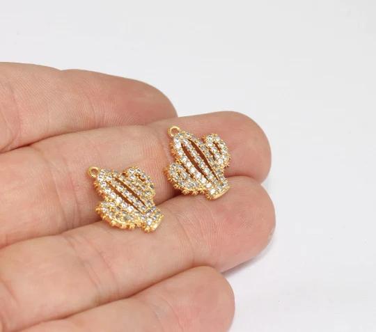 24k Altın Kaplama Parlak Zirkon Taşlı Kaktüs charms,