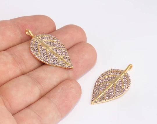 24k Altın Kaplama Mor Zirkon Taşlı Yaprak charms,