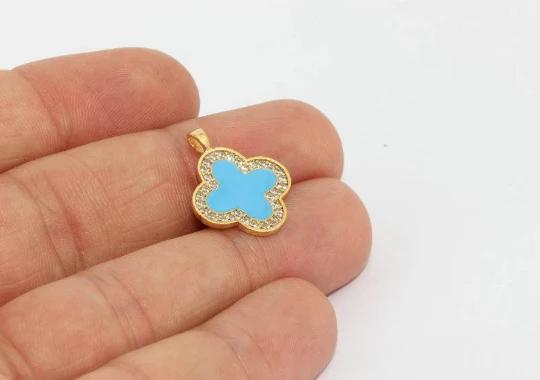 24k Altın Kaplama Beyaz Zirkon Taşlı Mavi Yonca charms,