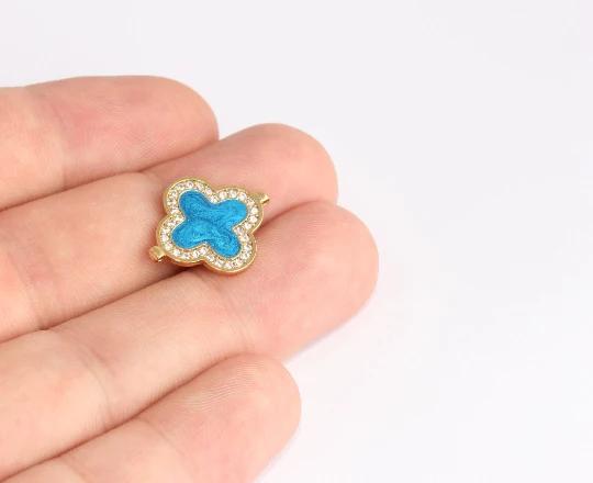 24k Altın Kaplama Beyaz Zirkon Taşlı Mavi Yonca charms,