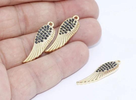 24k Altın Kaplama Siyah Zirkon Taşlı Kanat Charms,